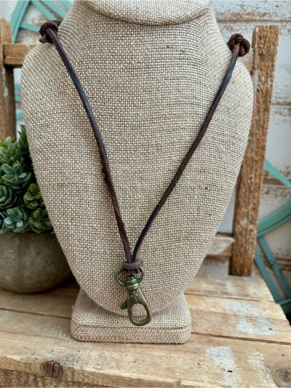 Adjustable Leather Brass Charm Faith Necklace Christian Unisex NEW